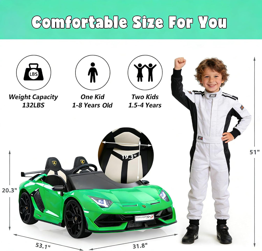2-Seater Ride on Car 24V Electric Lamborghini for Kids High Speed 13km/h Drift Sports Car with PU Leather Seats w/Adjustable Safety Belt, 2 Speeds Mode, Music, Gifts for Children