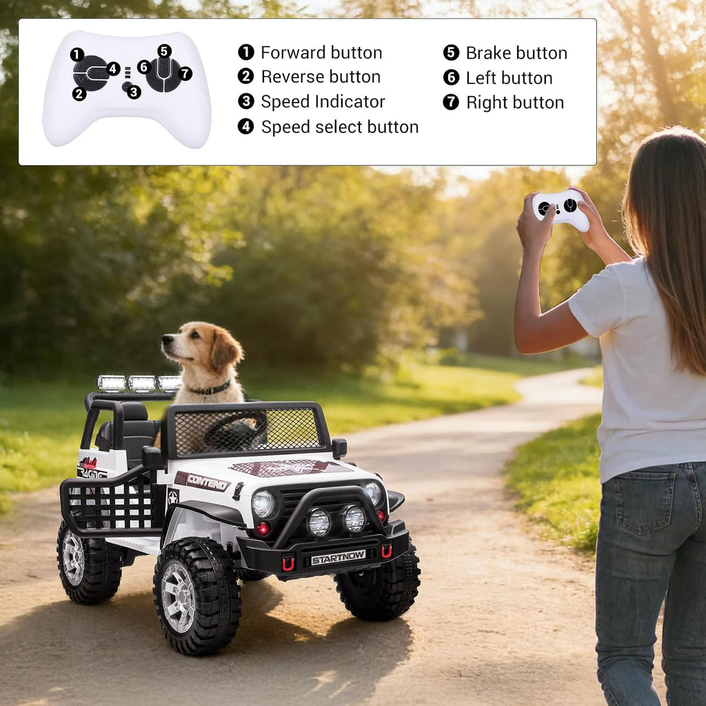 SEHOMY Two Seater Ride on Cars for Kids, 12V Power Wheels Truck with Remote Control, 3 Speed, Spring Suspension, 110LBS Max, Music, Horn, White Kids' Electric Vehicles Toddlers Toy Car for Boys Girls