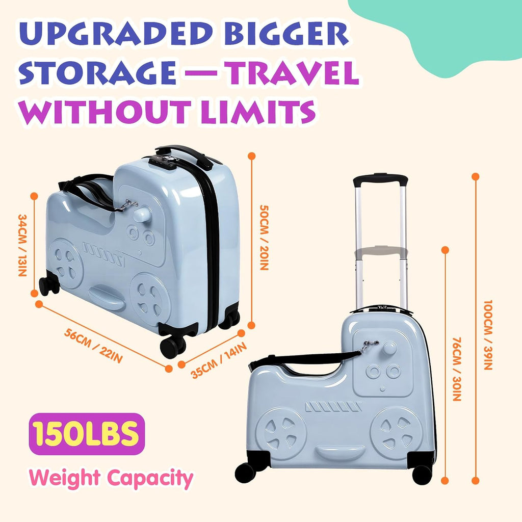 smilesun 22' Kids Ride-On Suitcase with Safety Strap, Multifunctional Kids' Luggage with Double Spinner Wheels, Durable and Lightweight for Boys and Girls Ages 2-10 (Blue, 22-inch)