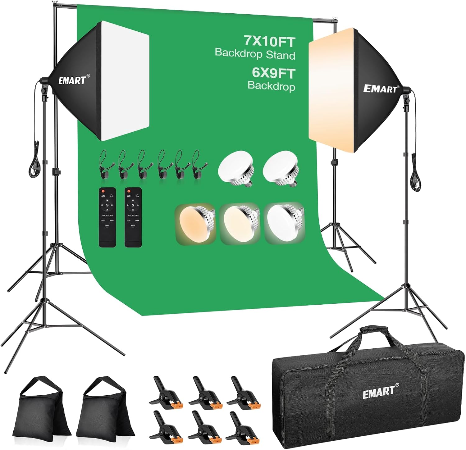 EMART Photography Lighting Kit, 7 x 10 FT Backdrop Stand with 6 x 9 FT Backdrop, Softbox Lighting Kit with 85W 3000K-6000K LED Bulbs, Professional Studio Lights for Portrait Shooting, Video Recording