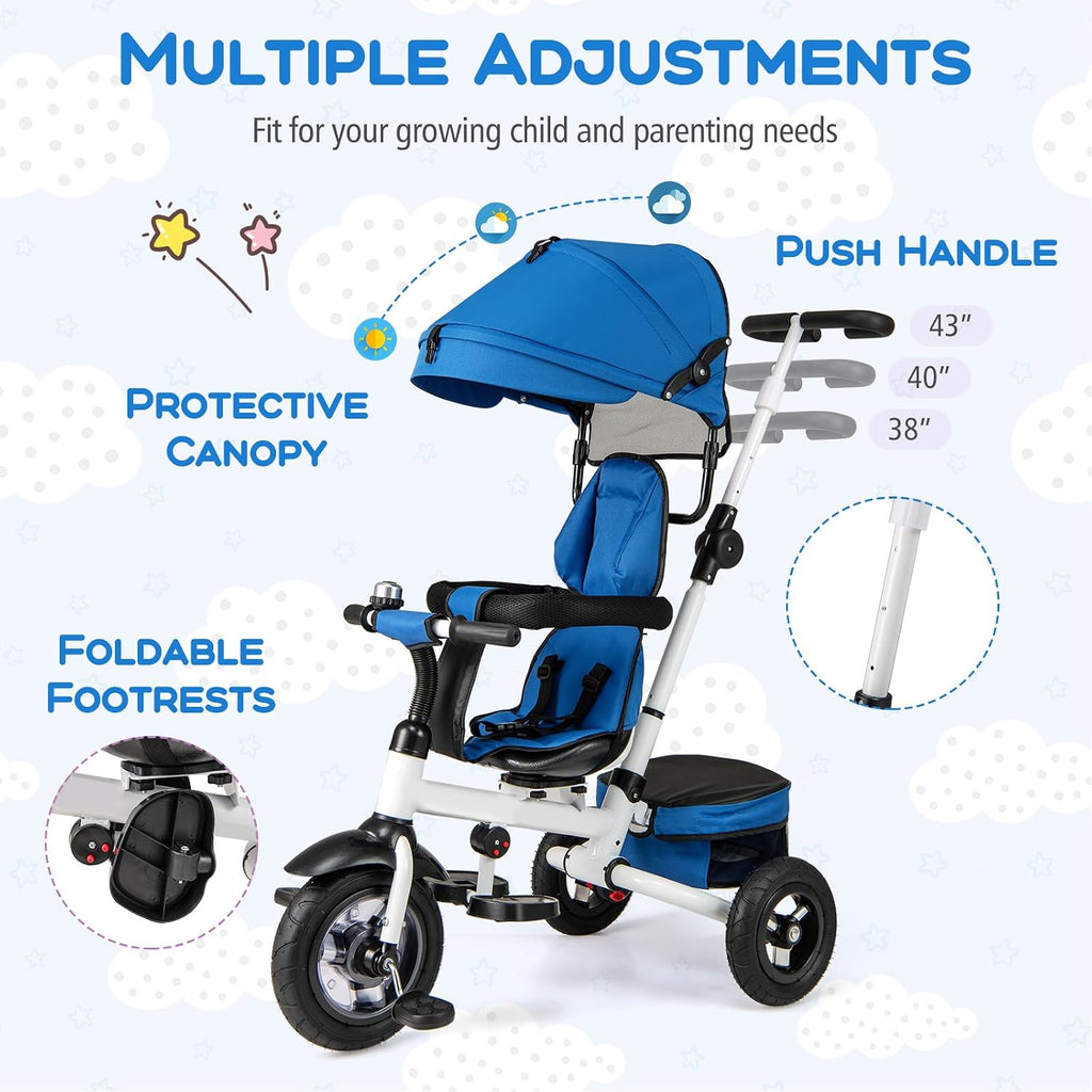 Costzon Tricycle, 5 in 1 Toddler Bike w/Foldable Push Handle, Rotatable Seat, EVA Wheel, Adjustable Canopy, Storage Basket & Bell, Trike for Kids 1-5 Years Old (Blue)