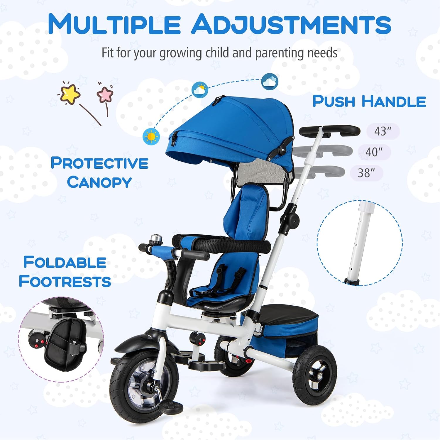 Costzon Tricycle, 5 in 1 Toddler Bike w/Foldable Push Handle, Rotatable Seat, EVA Wheel, Adjustable Canopy, Storage Basket & Bell, Trike for Kids 1-5 Years Old (Blue)