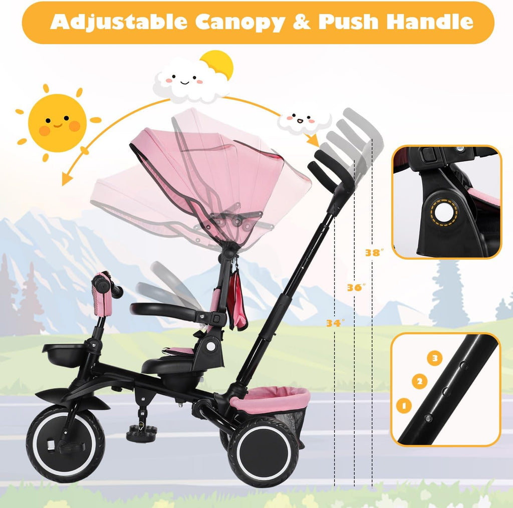 TODEFULL Folding Kids Tricycle, 8 in 1 Toddler Trike W/Removable & Adjustable Canopy, Parent Handle, 5-Piont Harness, Toddler Bike Tricycle for Kids 1-6 Years, EVA Wheels, Storage Basket, Pink