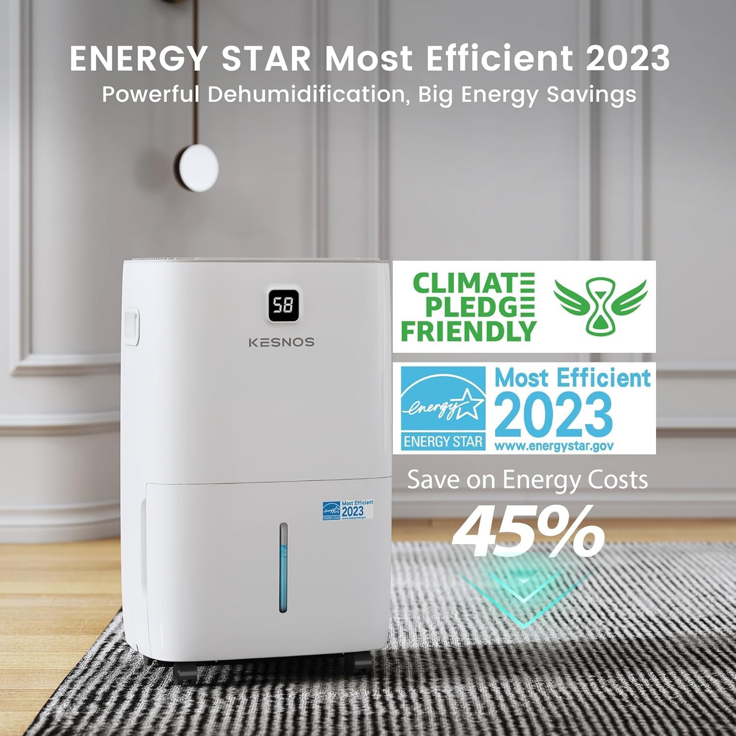 Kesnos 120 Pints Energy Star Dehumidifier for Basement & Home with Drain Hose, Front LED Display and 1.06 Gal Water Tank, Ideal for Large Room up to 6,500 Sq. Ft., Auto Defrost, Timer