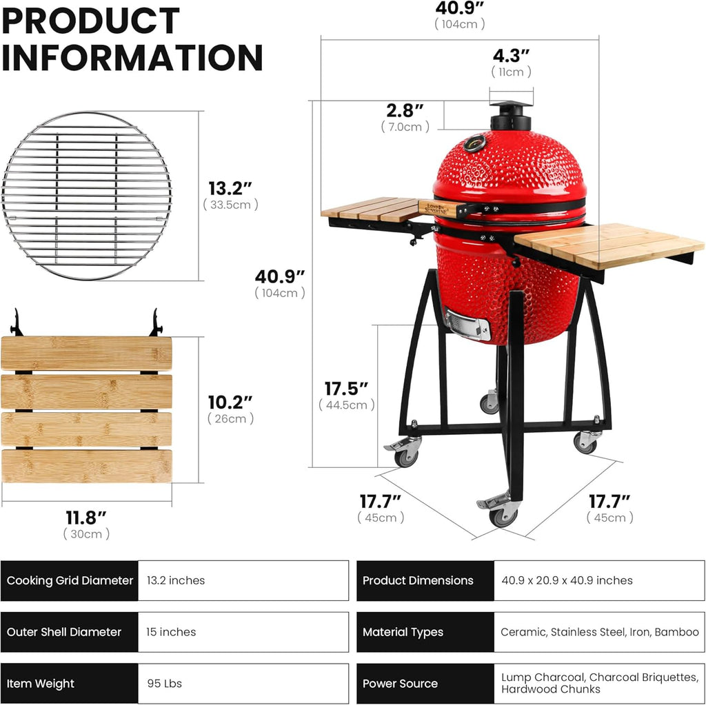 London Sunshine 15-inch Ceramic Kamado Charcoal BBQ Grill & Smoker with Locking Casters, Foldable Side Shelves, Stainless Steel Grates, and Tall Stand (Red)