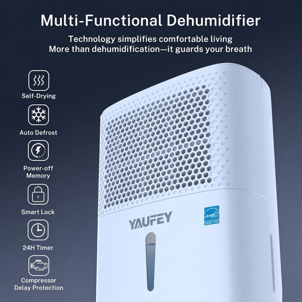 Yaufey 2025 Most Efficient Energy Star Dehumidifier for 3,000 Sq. Ft. Home, Basement and Large Room - Powerful, Quiet with Humidity Control, Timer, Drain Hose and Water Tank