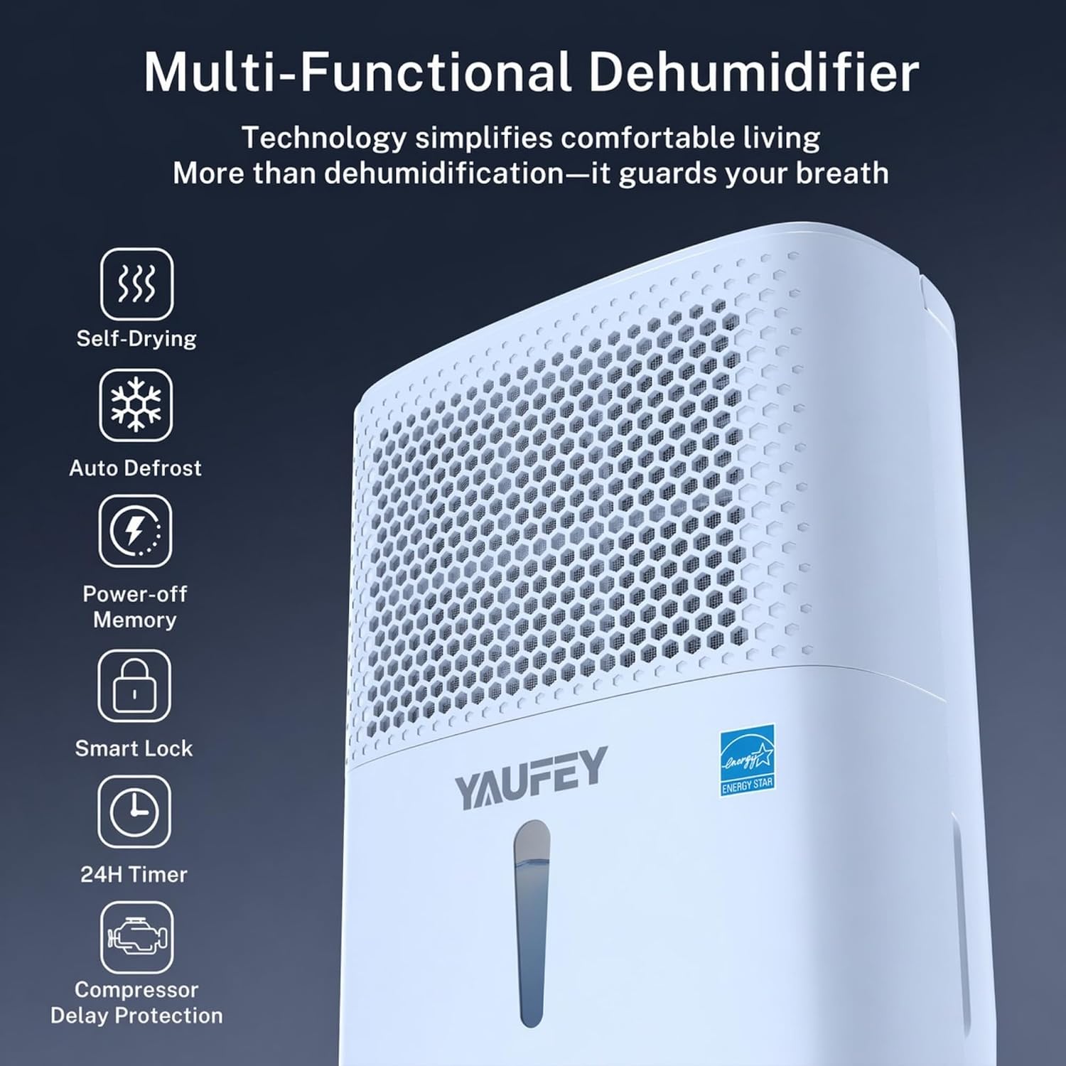 Yaufey 2025 Most Efficient Energy Star Dehumidifier for 3,000 Sq. Ft. Home, Basement and Large Room - Powerful, Quiet with Humidity Control, Timer, Drain Hose and Water Tank