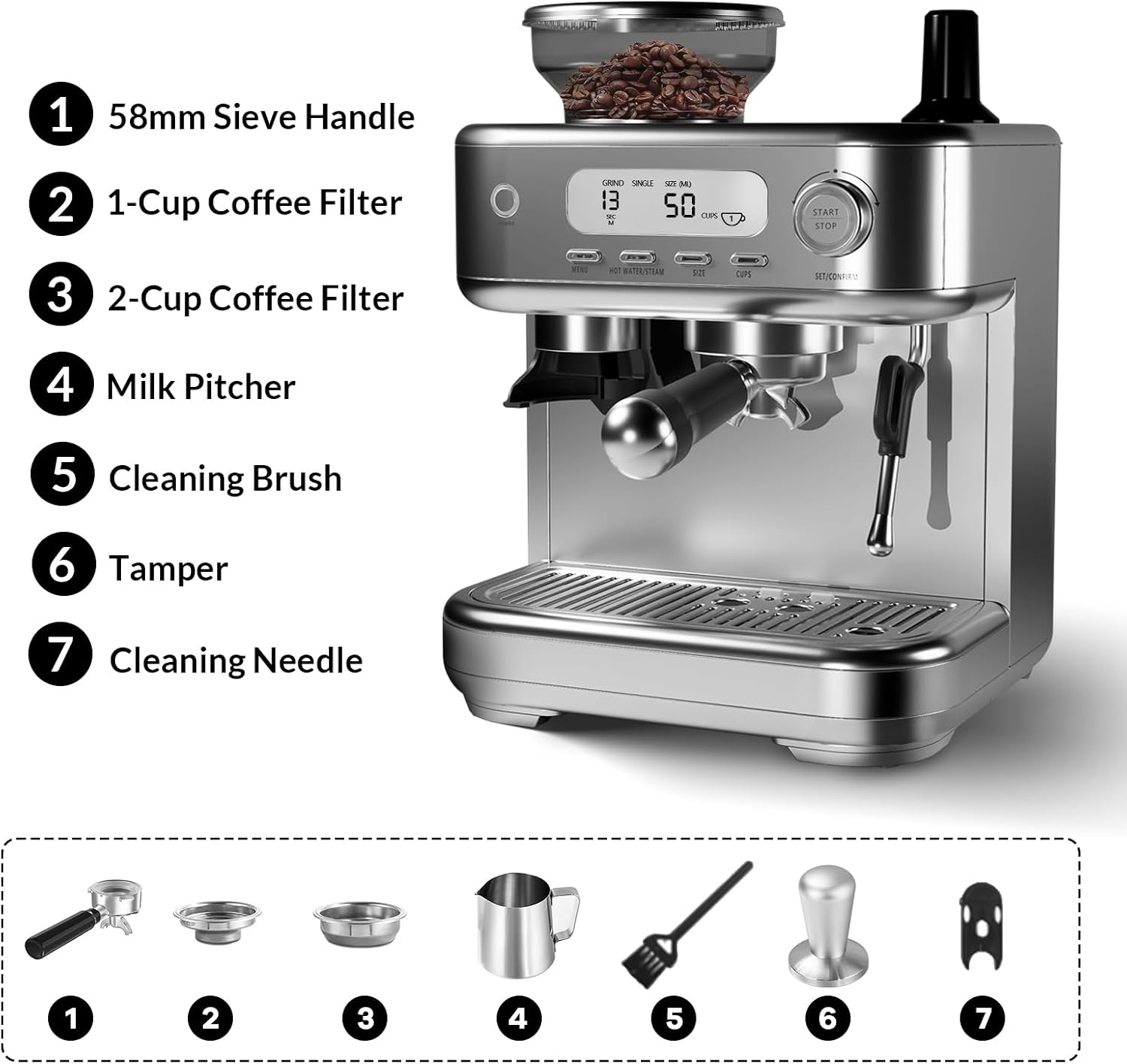 Semi-Automatic Espresso Machine, Dual Boiler 20 Bar Coffee Maker With Grinder 30 Size Setting, Expresso Coffee Machines With Steam Wand for Cappuccino Latte, 95 Oz Removable Water Tank