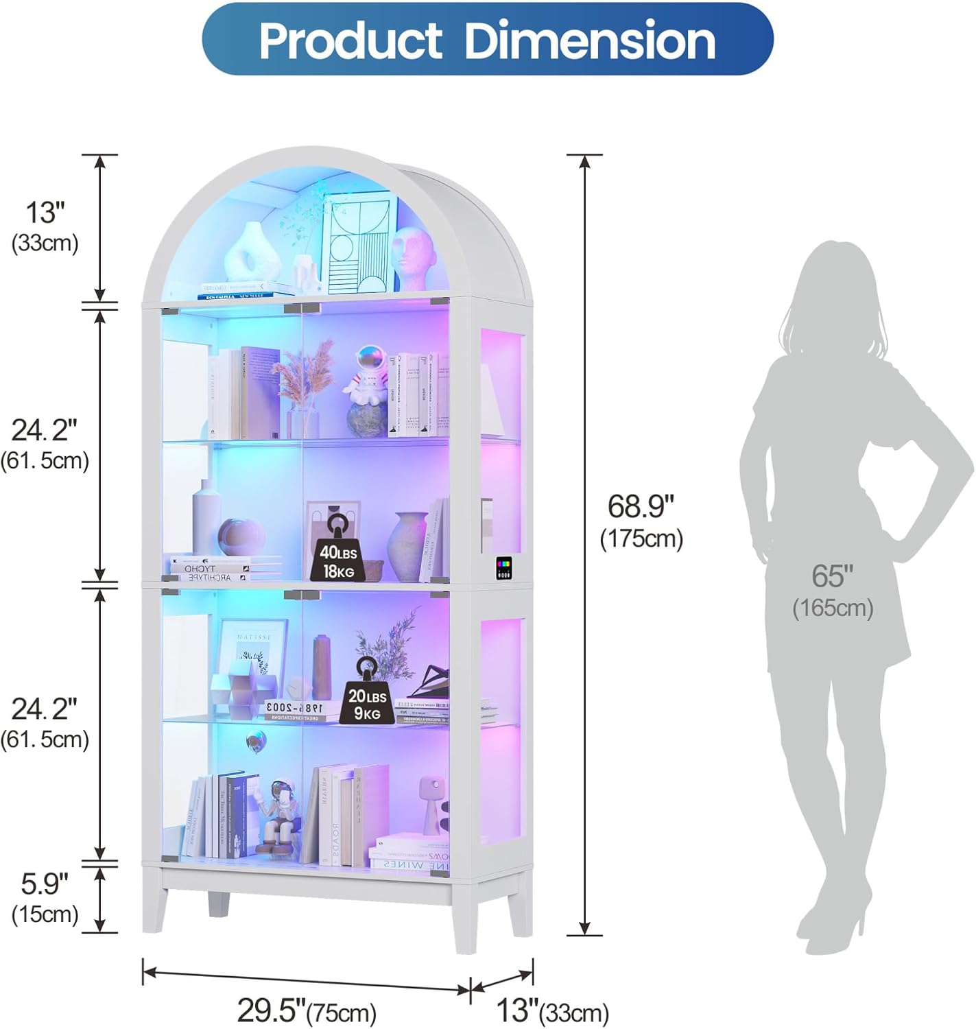 Lvifur Display Cabinet with -RGB Lights, 5-Tier 68.9' Arched Curio Cabinet with Glass Door for Collectibles, Display Case with Glass Shelves, Motion Sensor, Storage Cabinets,Bookcase,White