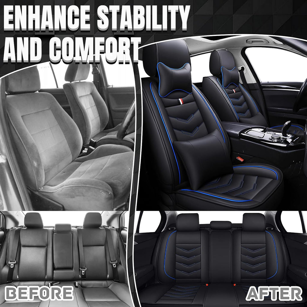 Car Seat Covers 7 Seats for Dodge Grand Caravan 2000-2020, Waterproof Durable Leather Vehicle Cushion Covers, Breathable Full Coverage Seat Protector(Luxury,Black Blue)