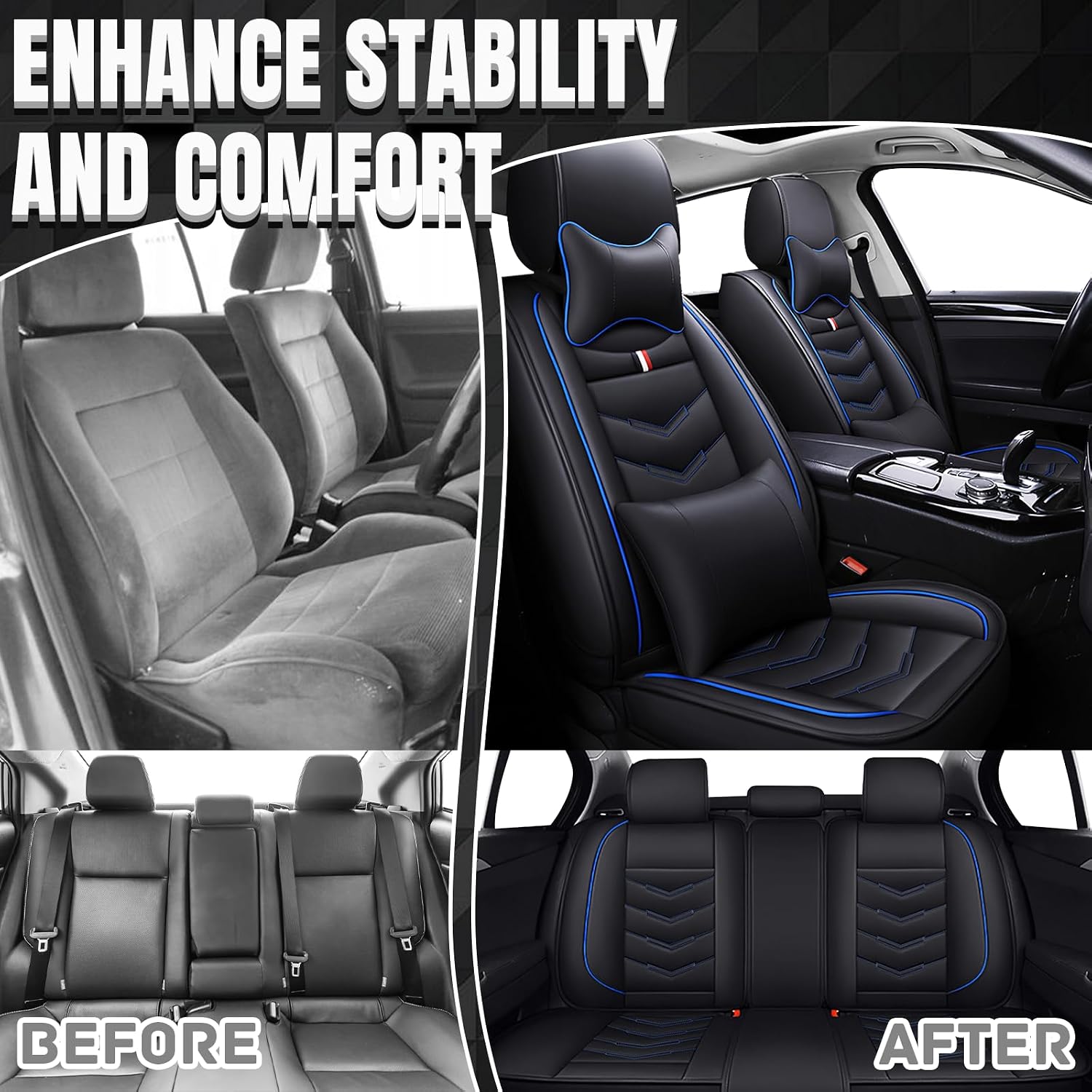 Car Seat Covers 7 Seats for Dodge Grand Caravan 2000-2020, Waterproof Durable Leather Vehicle Cushion Covers, Breathable Full Coverage Seat Protector(Luxury,Black Blue)