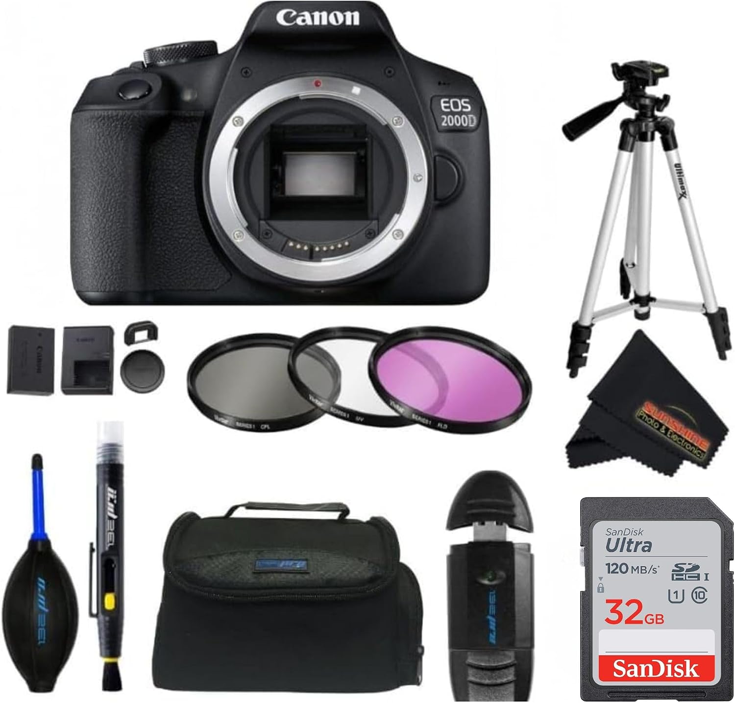 Canon EOS 2000D (Rebel T7) DSLR Camera + 18-55mm III Kit (Renewed) (Body Only (Intl Ver.) w/Advanced Accessories Bundle)