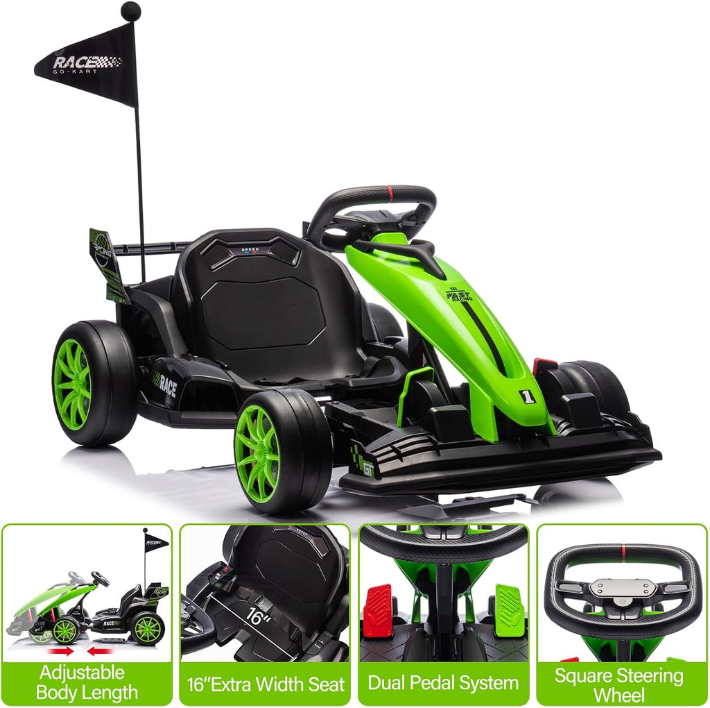 GarveeLife 24V Kids Ride on Go Kart, 7.5 mph Variable High Speed Drifting Car, 7ah Battery 200W*2 Motors,Ajustable Legroom for Kids Grows, Max Load 135 LBS, Power Display Racing Toy for 6+,Green