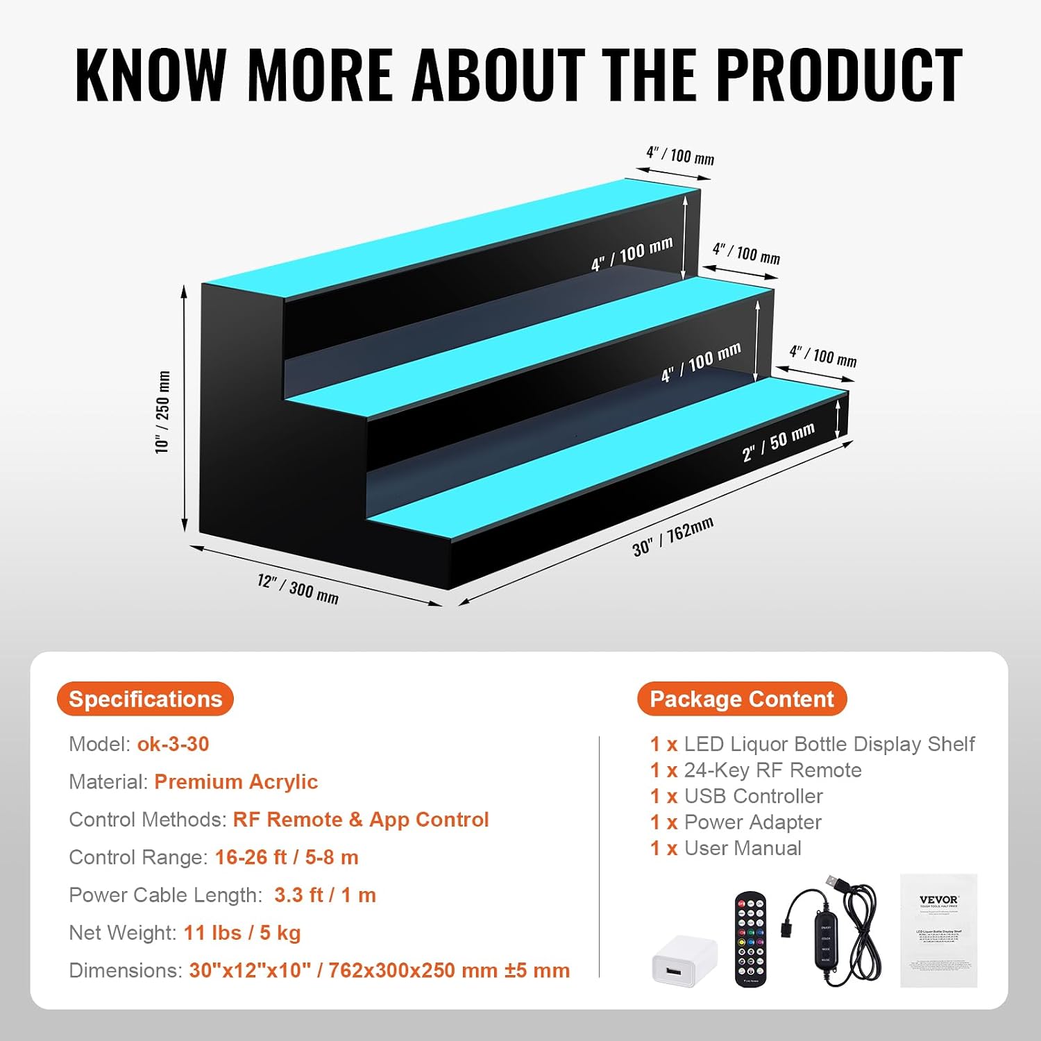 VEVOR LED Lighted Liquor Bottle Display, 3 Tiers 30 Inches, Supports USB, Illuminated Home Bar Shelf with RF Remote & App Control 7 Static Colors 1-4 H Timing, Acrylic Lighted Shelf for 24 Bottles