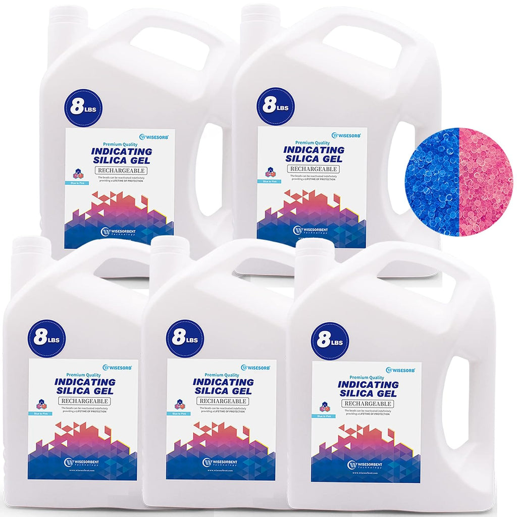 Wisesorb [Net Weight 40LBS] Blue Indicating Silica Gel Beads Desiccants - Rechargeable Desiccant Beads Silica Beads (Blue to Pink, 5 Packs of 8LBS)