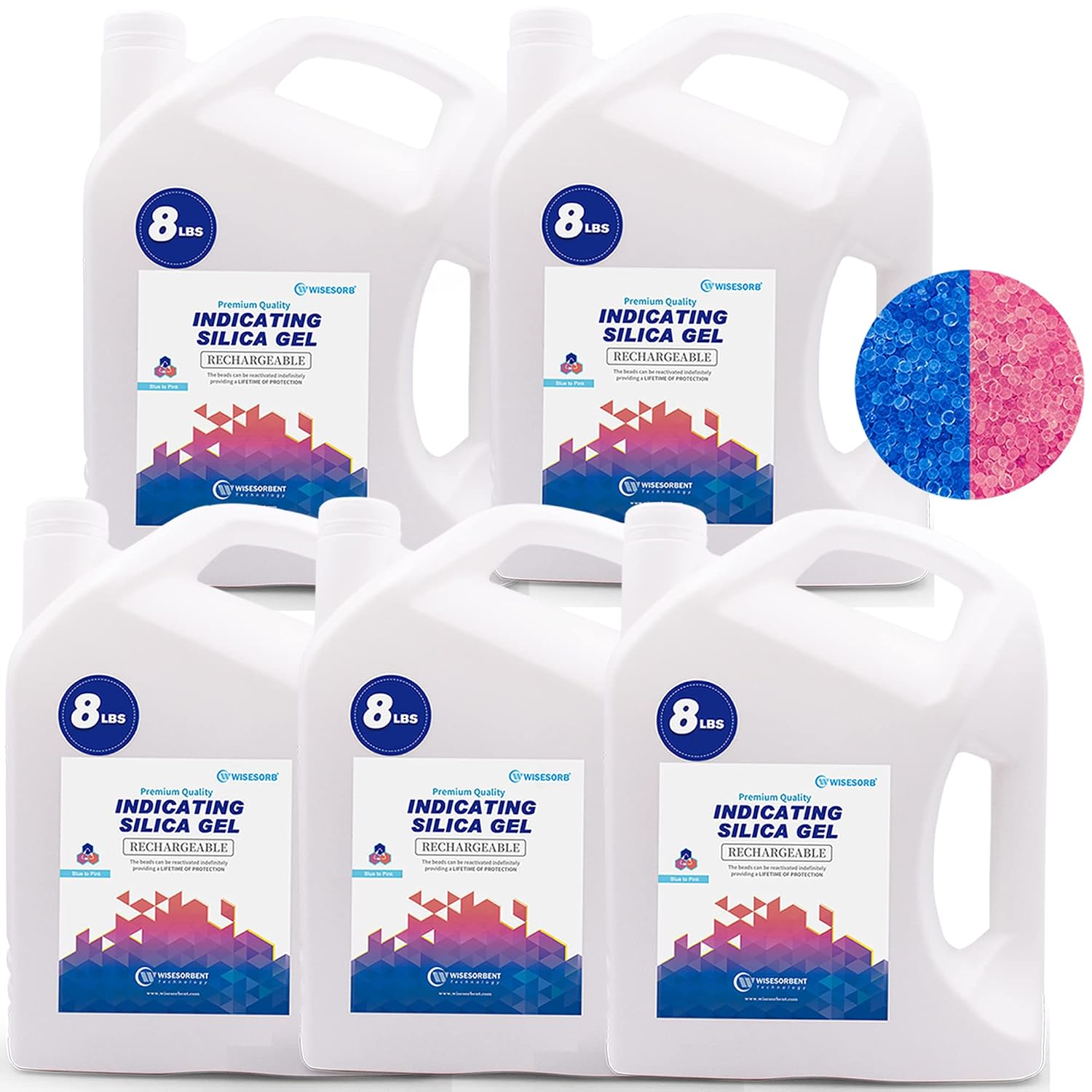 Wisesorb [Net Weight 40LBS] Blue Indicating Silica Gel Beads Desiccants - Rechargeable Desiccant Beads Silica Beads (Blue to Pink, 5 Packs of 8LBS)