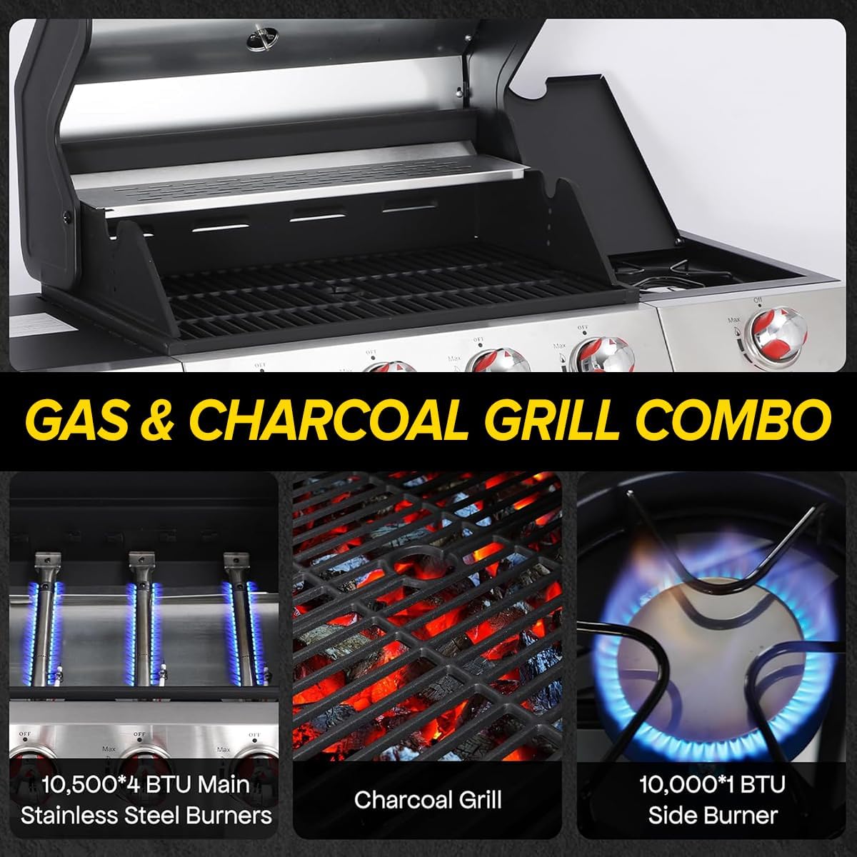 CIG GARDEN Dual Fuel Grill Combo, Propane & Charcoal BBQ with 52,000 BTU, 2 Side Shelves, Cast Iron Grid & Griddle Plate, Outdoor Grill for Patio, Backyard, Garden, Silver & Black