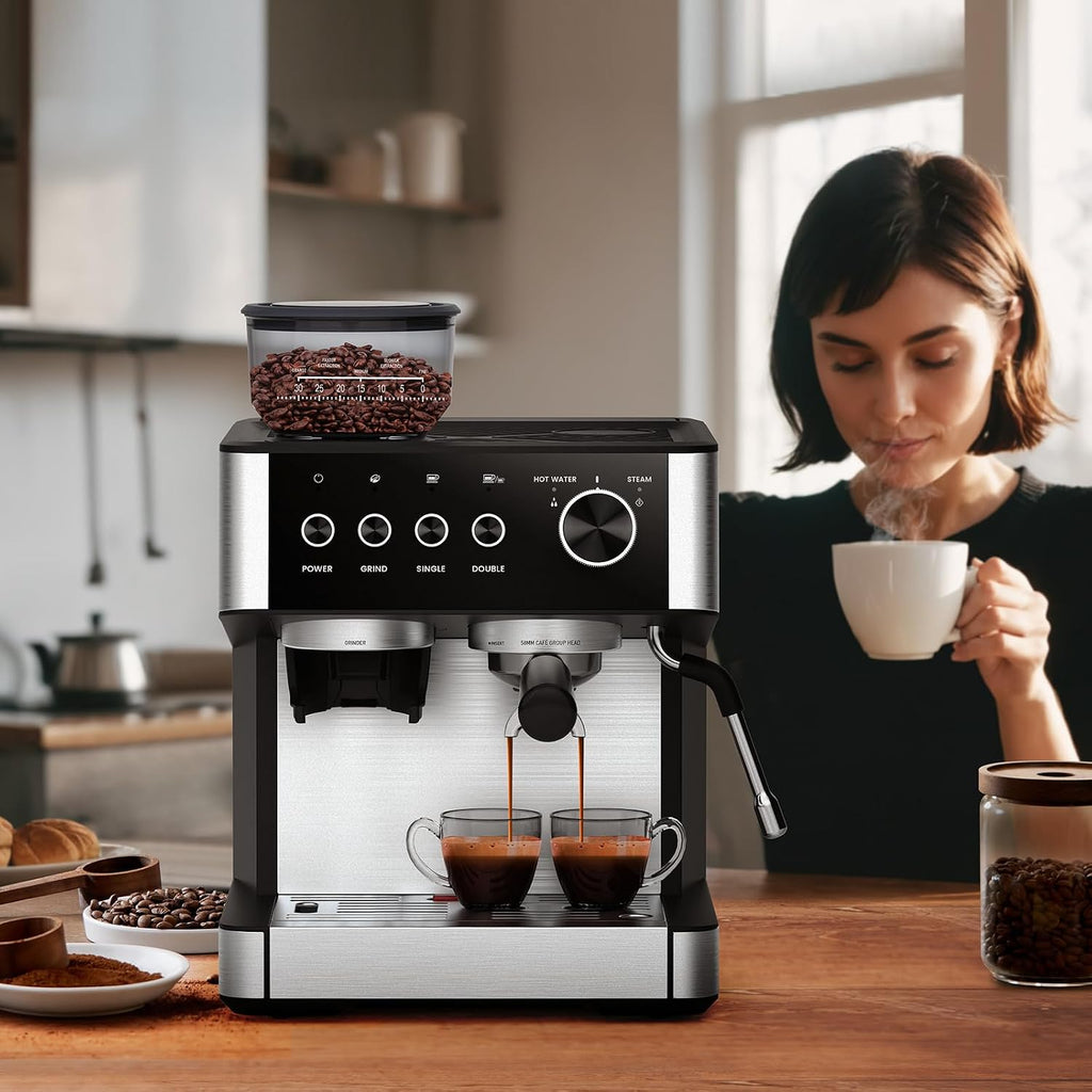 Joy Pebble 15 Bar Espresso Machine with Grinder & Milk Frother, All-in-One Coffee Maker for Home Baristas, 30-Position Grinder, 2.9L Removable Tank,for Cappuccino Latte