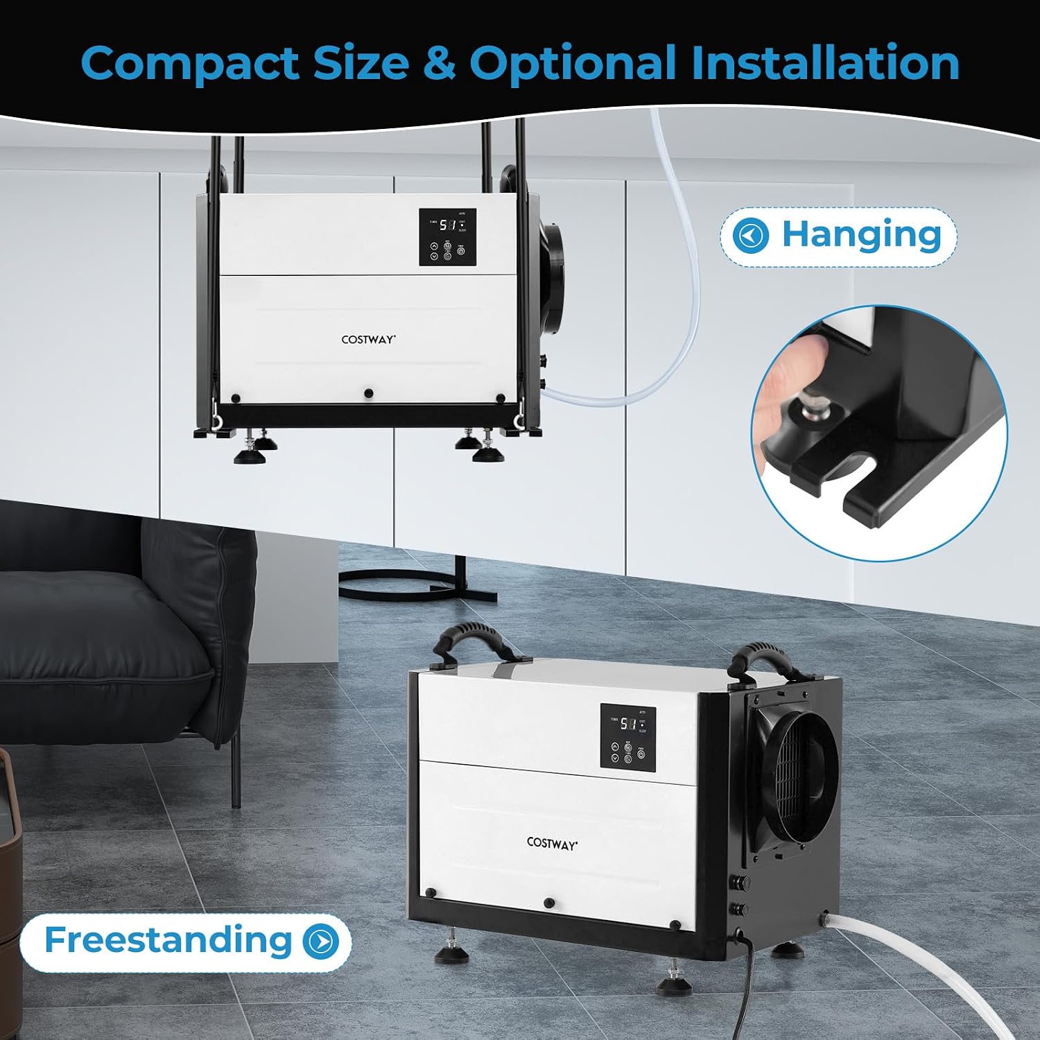 COSTWAY 124 PPD Commercial Dehumidifier, 1300 Sq.Ft Crawl Space Dehumidifier with 9.8 FT Drain Hose & Wired Remote Control Panel, Ideal for Basement, Warehouse, Job Site (White)