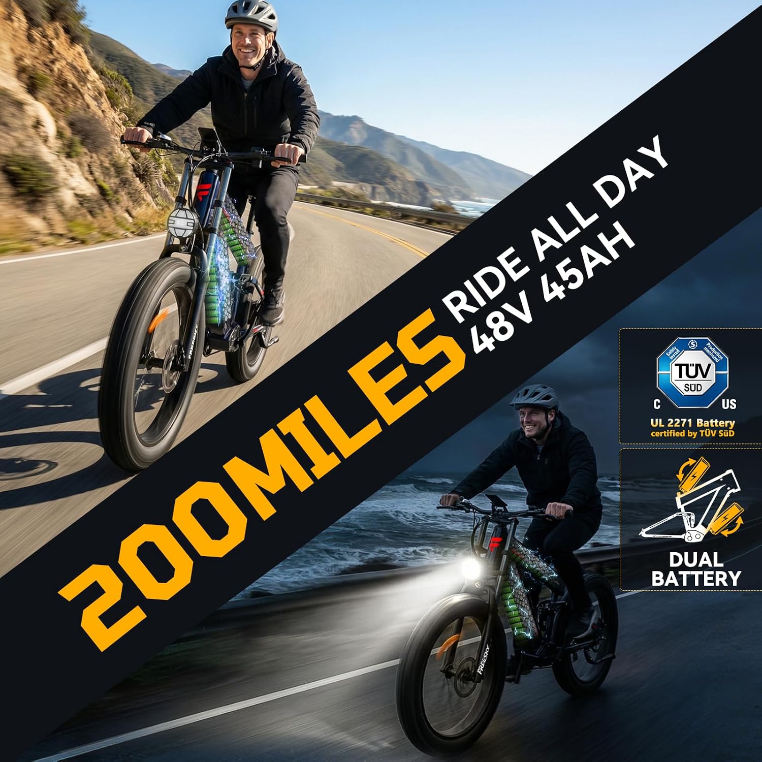 FREESKY 2026 Alaska Pro Dual Battery 48V 45AH 200 Miles 40MPH Electric Bike for Adult, 4000W High-Torque Motor Long Range Fat Tire Ebike, 26' Full Suspension Mountain E Bike, UL 2849 Certified by TÜV