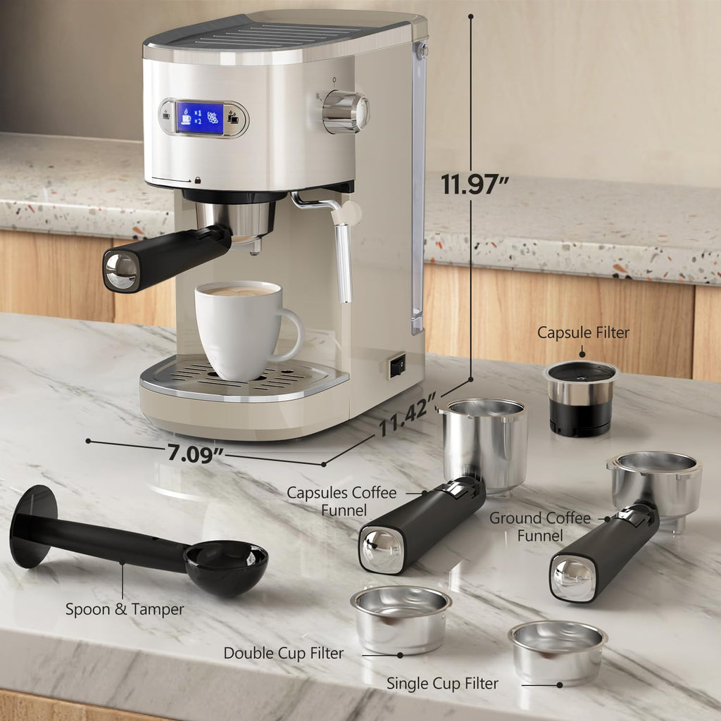 20 Bar Espresso Machine Semi-Automatic, Professional Coffee Maker with Milk Frother Steam Wand & 45OZ Removable Water Tank, Home Barista System for Cappuccino, Latte, Americano-Stainless Steel-White