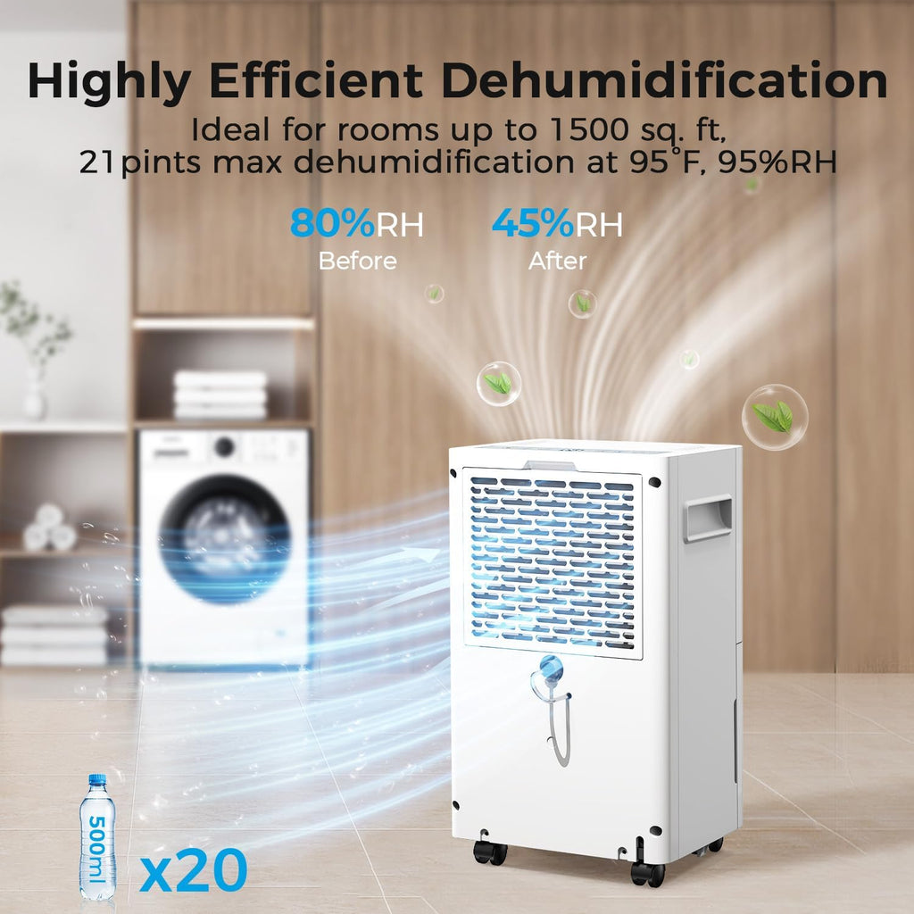 1500 Sq.ft Dehumidifier for Basement, SEAVON 21 Pint Dehumidifiers with Drain Hose for Home Large Room Bedroom Bathroom, Powerful Moisture Removal, Smart Humidity Control & Display, 24H Timer, 3 Mode