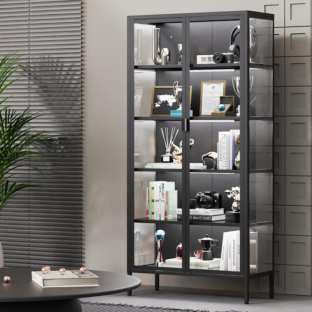 Eltean 71' H Display Cabinet with Glass Doors, 5 Tiers Curio Glass Display Cabinet with 3 Colors LED Sensor Light,Display Cabinets for Collectible with 4 Adjustable Shelves for Living Room,Bedroom
