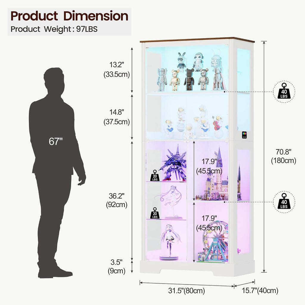 71' Glass Display Cabinet with RGB Light - Curio Cabinet with Glass Doors for Collectibles, 7-Tiers Tall Display Case with Large Shelves, Showcase for Lego, Figures, Human Sensor Design (White)