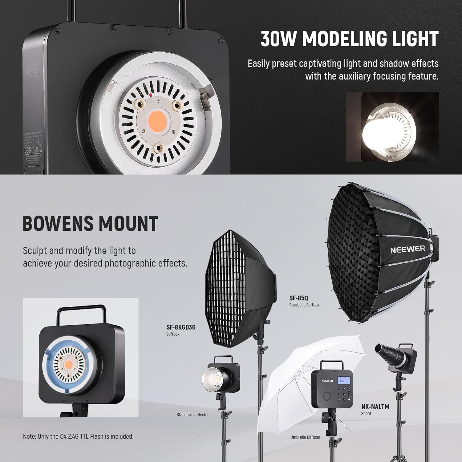 NEEWER Q4 400Ws 2.4G TTL Outdoor Studio Flash Strobe (New Look) Compatible with Godox, 1/8000 HSS 2800mAh Photography Monolight 30W Modeling Lamp/400 Full Power Flash/0.01-1.2s Recycle/Bowens Mount