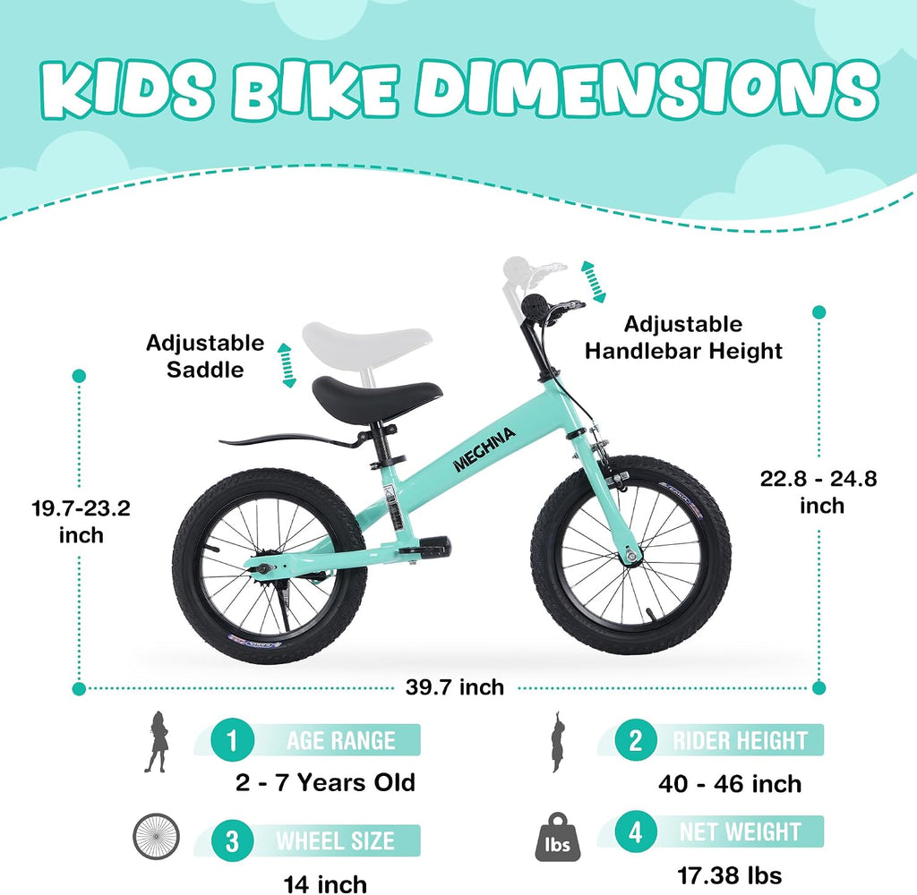 MEGHNA 2 in 1 Toddler Balance Bike 14 inch Wheel Kids Bike Aged 3-7 Years Old with Footrest Detachable Training Wheels Caliper and Coaster Brake Strider Bike for Boys Girls, Easy to Assembly