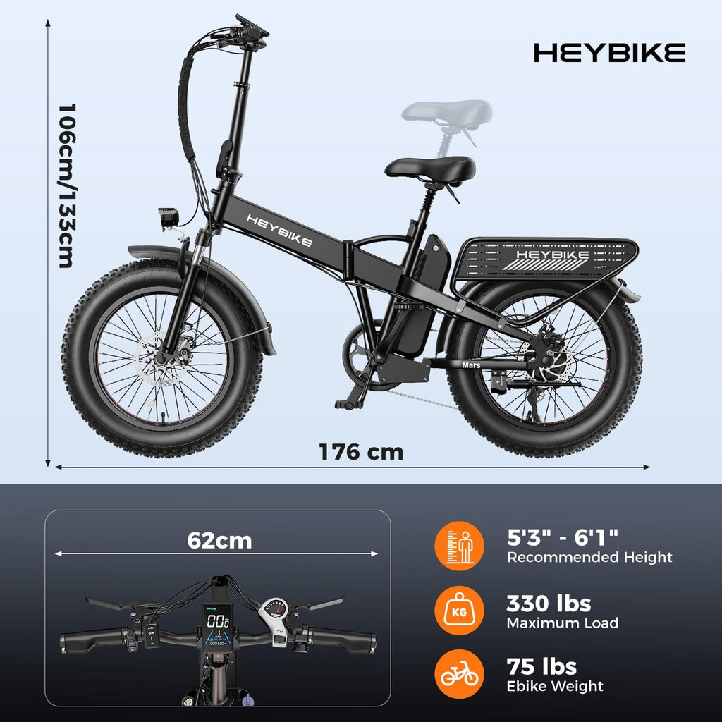 Heybike Mars 2.0/3.0 Foldable Electric Bike, UL2849 Certified, 70+Miles Long Range, 1400W/1800W Peak Motor 32MPH, 624WH Removable Battery, 20'*4 Fat Tire Ebike for Snow, Commute, Full Suspension