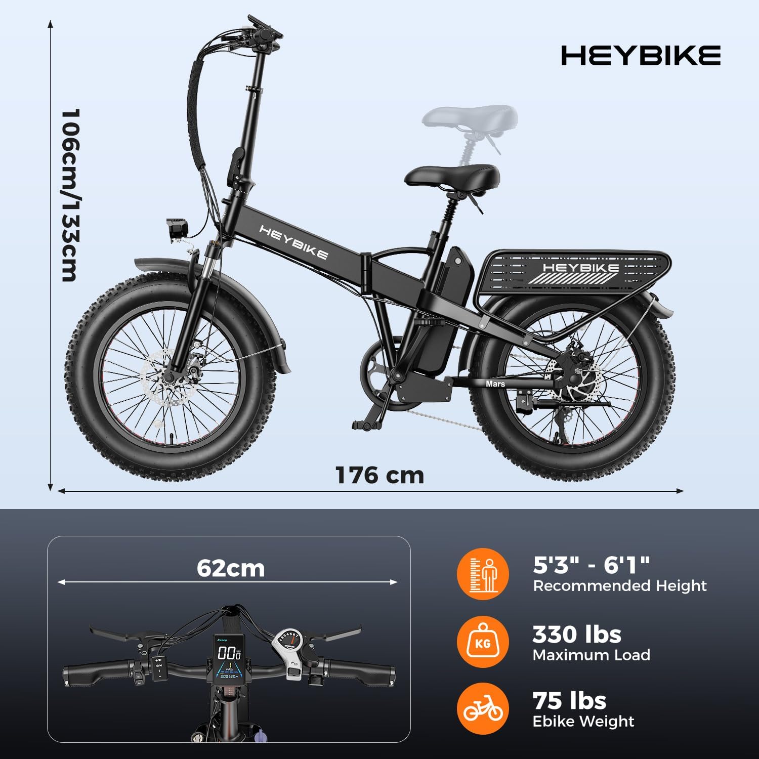 Heybike Mars 2.0/3.0 Foldable Electric Bike, UL2849 Certified, 70+Miles Long Range, 1400W/1800W Peak Motor 32MPH, 624WH Removable Battery, 20'*4 Fat Tire Ebike for Snow, Commute, Full Suspension