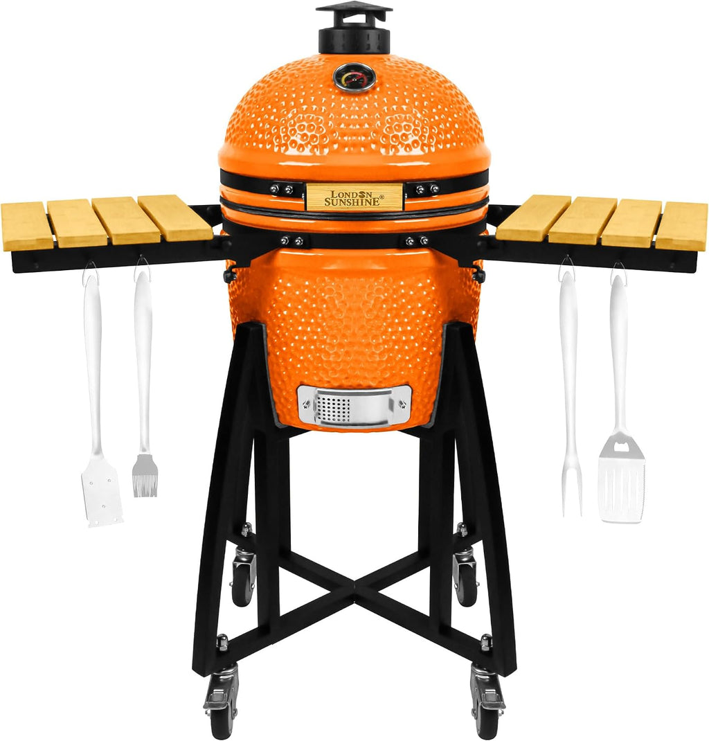 London Sunshine 15-inch Ceramic Kamado Charcoal BBQ Grill & Smoker with Locking Casters, Foldable Side Shelves, Stainless Steel Grates, and Tall Stand (Orange)