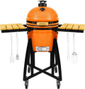 London Sunshine 15-inch Ceramic Kamado Charcoal BBQ Grill & Smoker with Locking Casters, Foldable Side Shelves, Stainless Steel Grates, and Tall Stand (Orange)