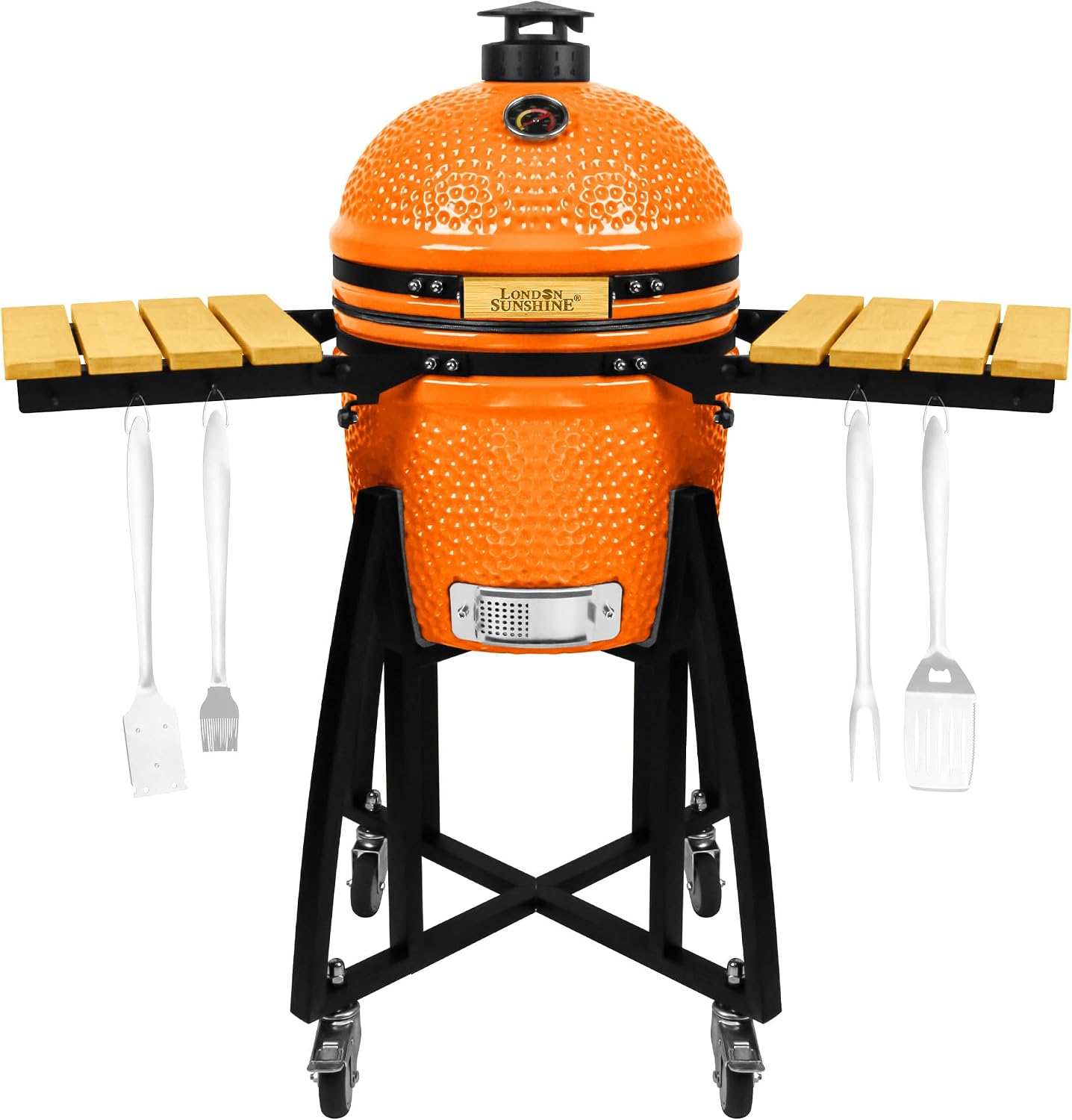 London Sunshine 15-inch Ceramic Kamado Charcoal BBQ Grill & Smoker with Locking Casters, Foldable Side Shelves, Stainless Steel Grates, and Tall Stand (Orange)