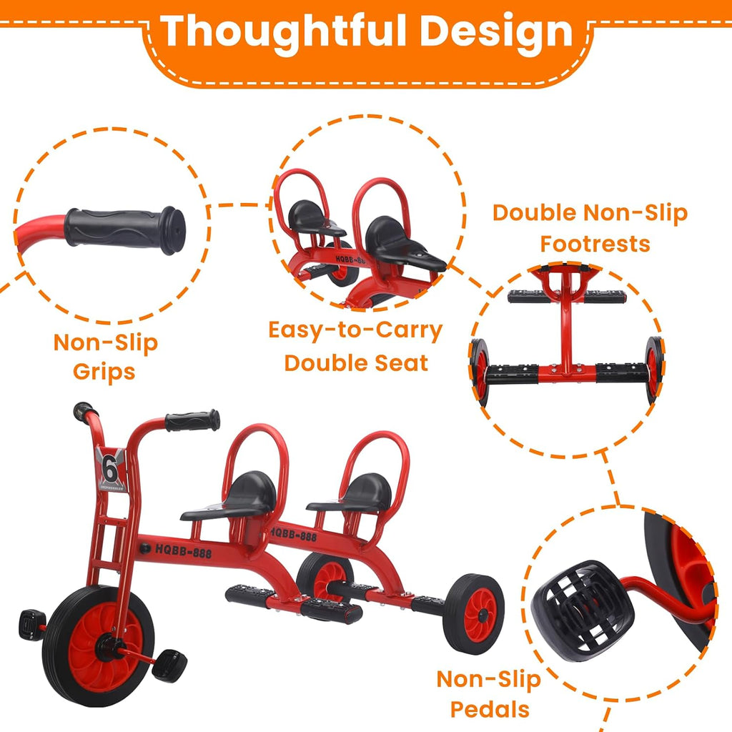 Kids Tricycle for Ages 3-8, Double Kids Trike Bike, Preschool Daycare Outdoor Tandem Bike with Airless Rubber Tires, Two-Seater and Non-Slip Pedals, Gift for Boys and Girls