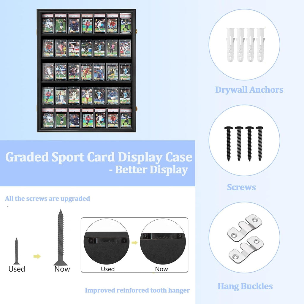 35 Graded Sports Card Display Case 3 Pack- Baseball Card Display Frame with UV Protection Clear View Lockable Wall Cabinet for Basketball Collectible Trading Card Black Finish
