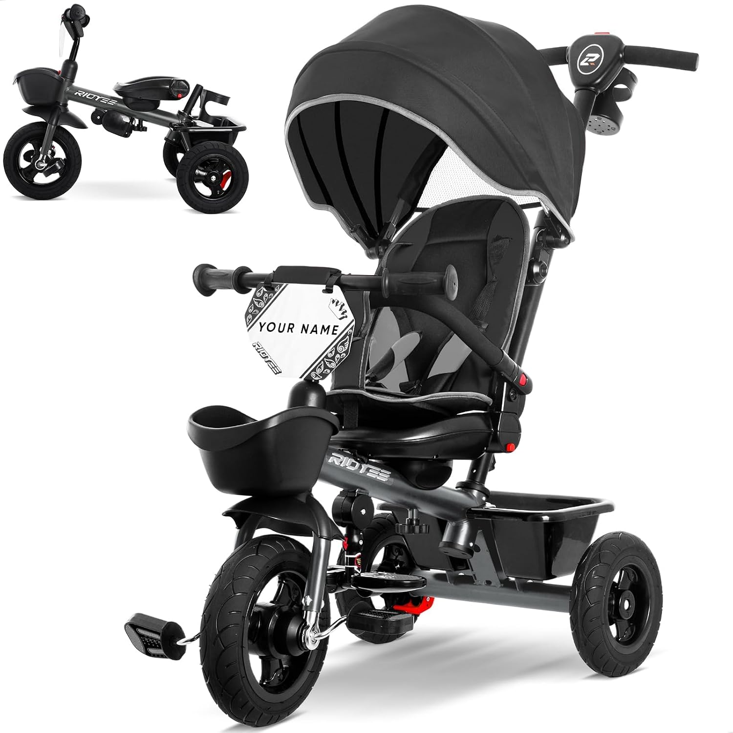 RIDYEE 7-in-1 Tricycle for 18 Months to 5 Years, All-Terrain Rubber Tires, Dual Wheel Brakes, Rotatable Seat for Toddlers 1.5-3, Tricycle for 3-5 Years with DIY Stickers, Grey