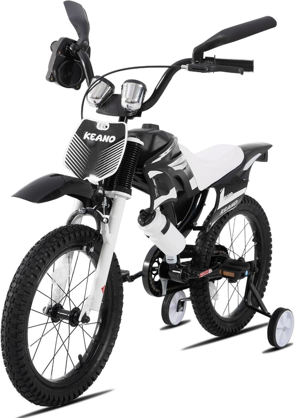 KEANO Motocross Style Kids Bike for Boys Girls Ages 3-7 Years, 12 & 16 Inch Bikes with Training Wheels and Number Plate, Children Bicycles Black