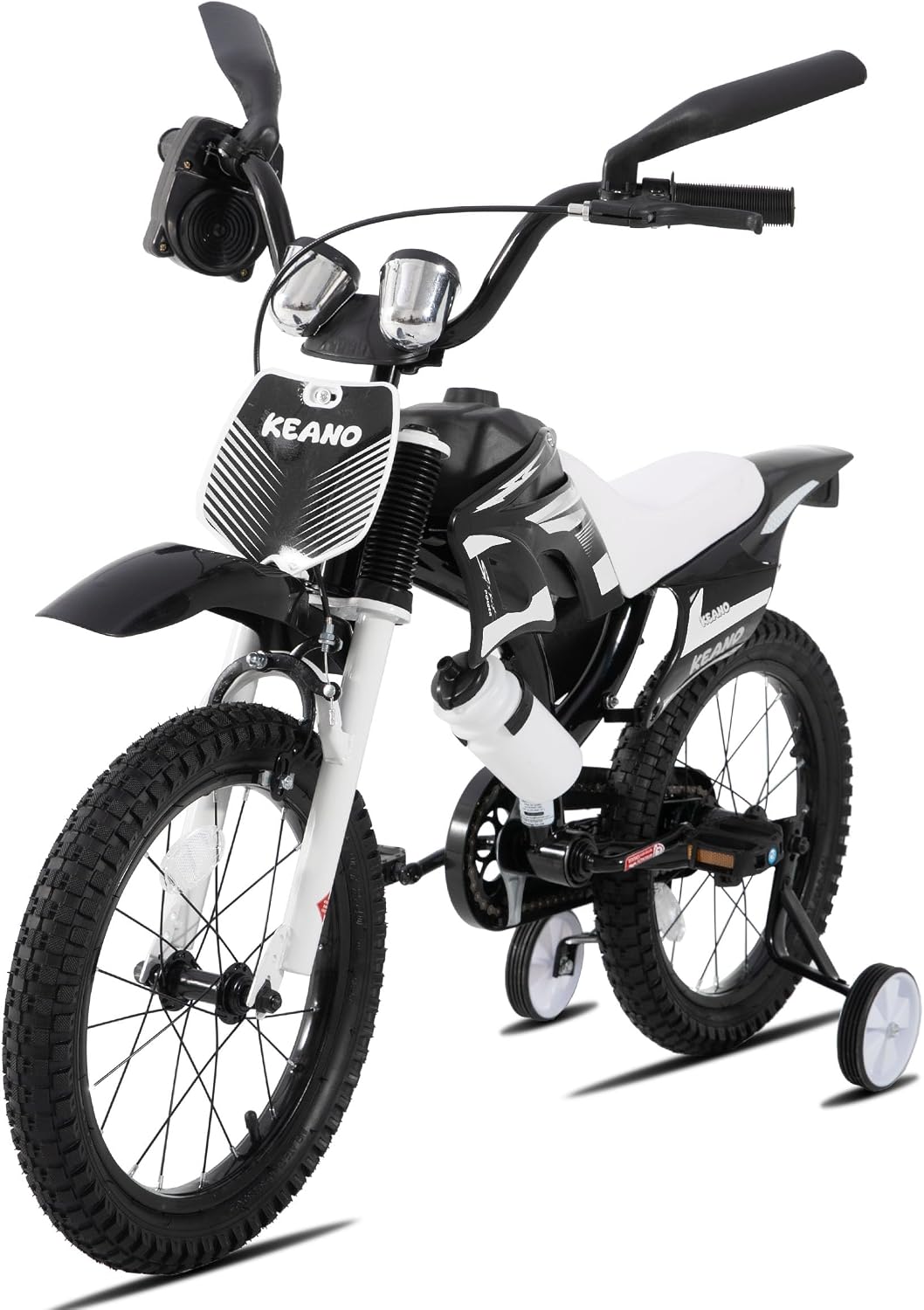 KEANO Motocross Style Kids Bike for Boys Girls Ages 3-7 Years, 12 & 16 Inch Bikes with Training Wheels and Number Plate, Children Bicycles Black