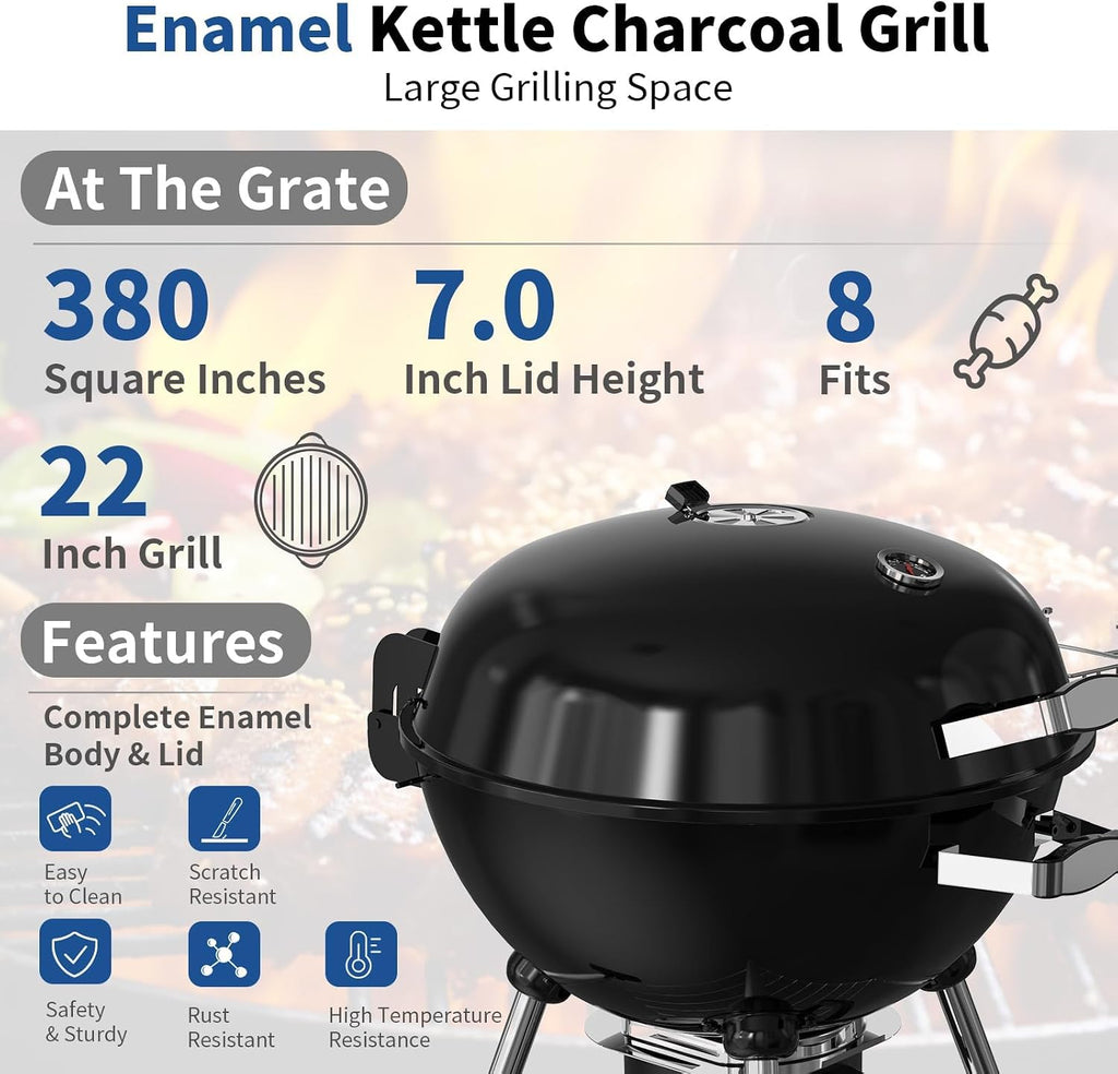 22.5-Inch Portable Charcoal Grill, Heavy Duty Kettle BBQ Smoker with Built-in Thermometer & Removable Water-Rinsable Ash Catcher for Outdoor Camping, Patio, Backyard, and Tailgating