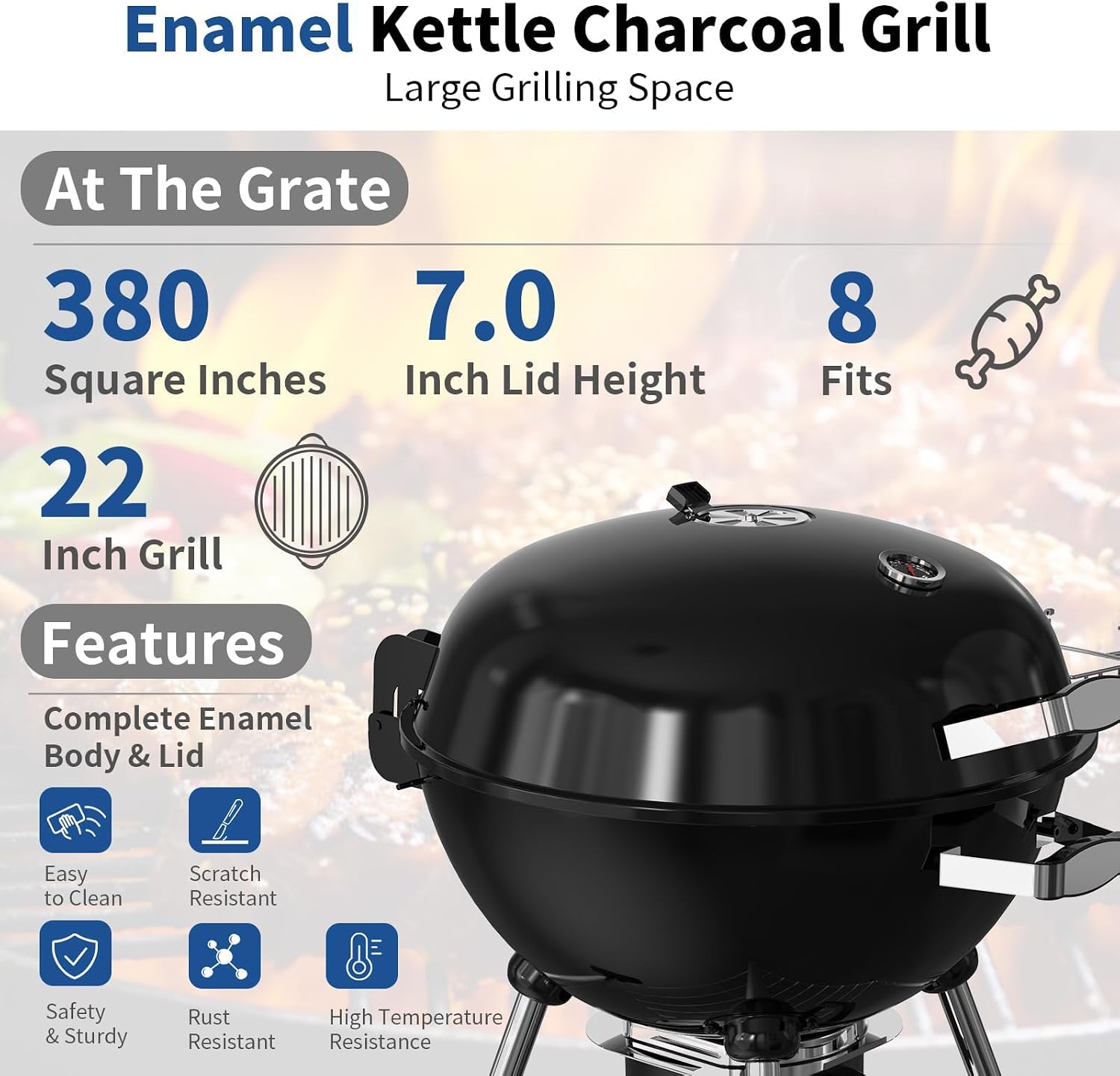 22.5-Inch Portable Charcoal Grill, Heavy Duty Kettle BBQ Smoker with Built-in Thermometer & Removable Water-Rinsable Ash Catcher for Outdoor Camping, Patio, Backyard, and Tailgating