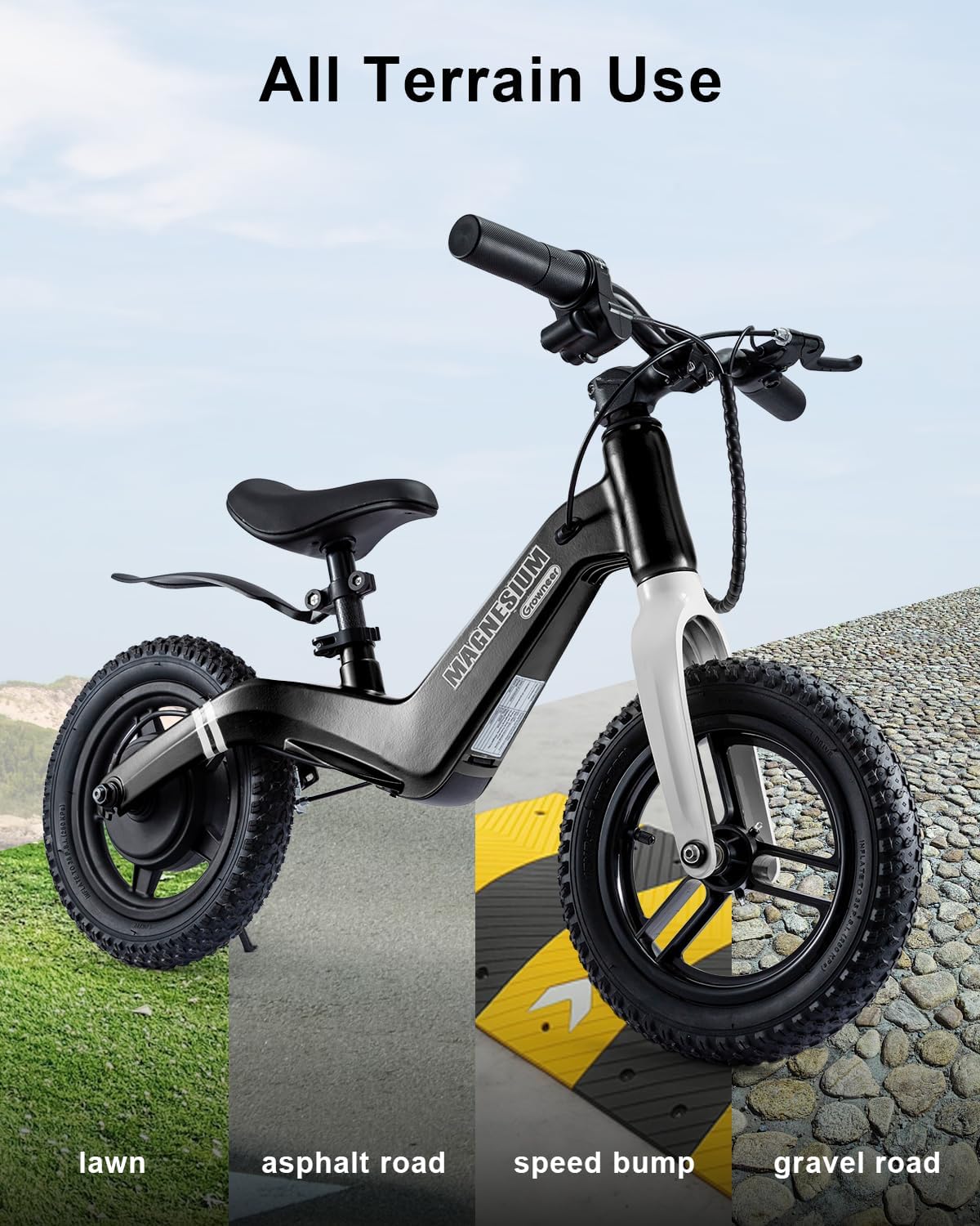 GROWNEER Electric Balance Bike for Kids, 12/14 Inch Tires, Ages 3-6, Lightweight Magnesium Alloy Frame, 3 Speed Settings(3.1/6.2/9.3 MPH), Light-up Front Tire & Adjustable Seat, Toddler Electric Bike