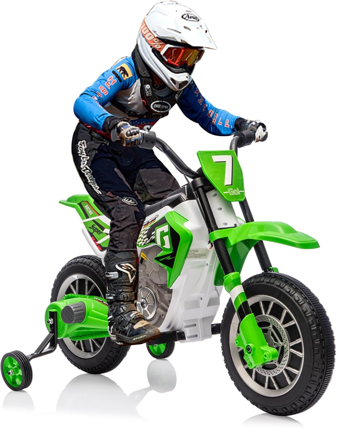 JOYLDIAS Kids Motorcycle Dirt Bike, 12V7AH Battery-Powered Ride On Motorcycle for Kids, Off-Road Street Bike w/Training Wheels, Music, Spring Suspension, High/Low Speeds, Green