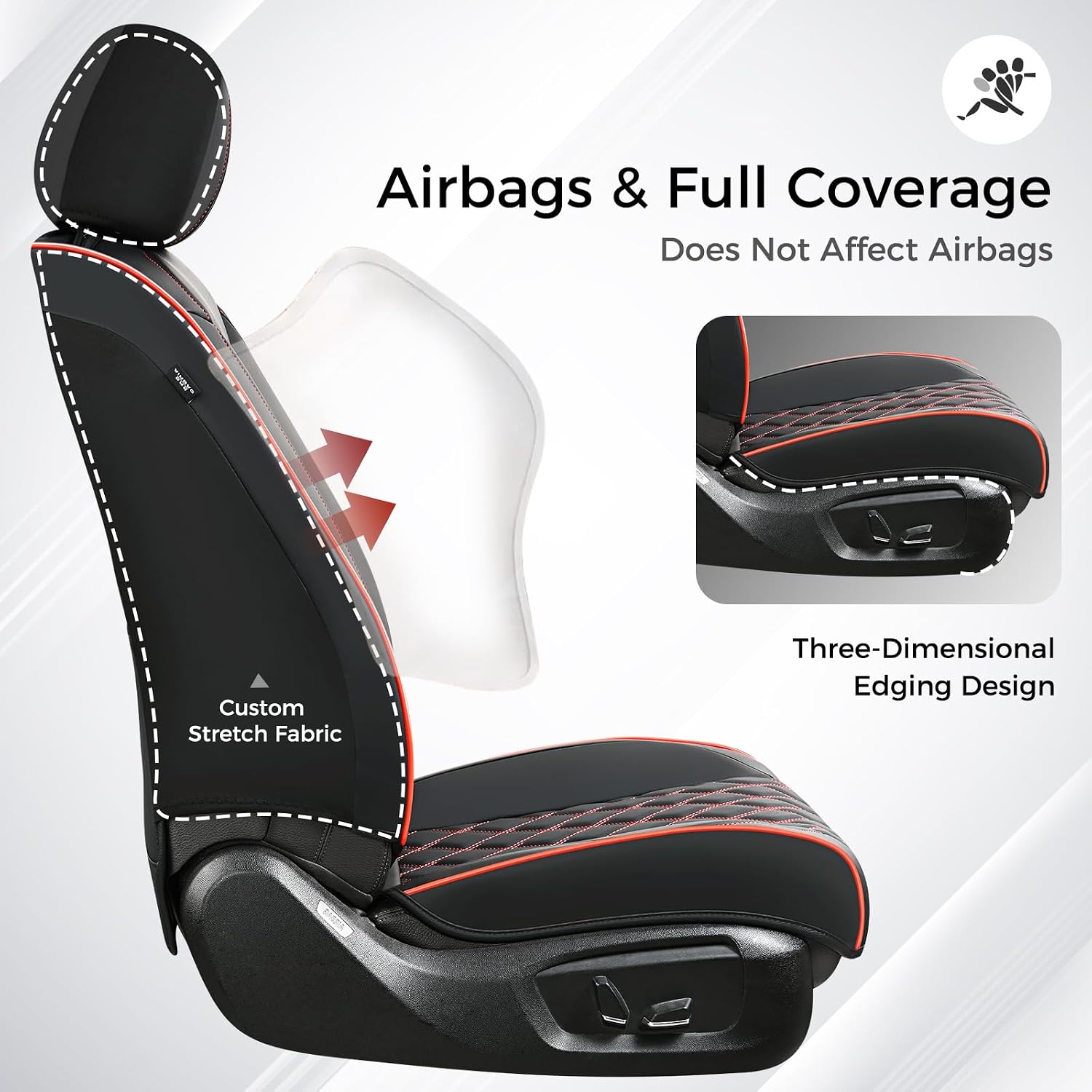 Huidasource Front Seat Covers, Full-Cover Leather Driver Seat Cover, Side Stretch Fabric, Car Interior Front Seat Cover Universal Fit for Most Cars, Most Cars,Vans,Trucks, SUVs (Front Pair/Black&Red)