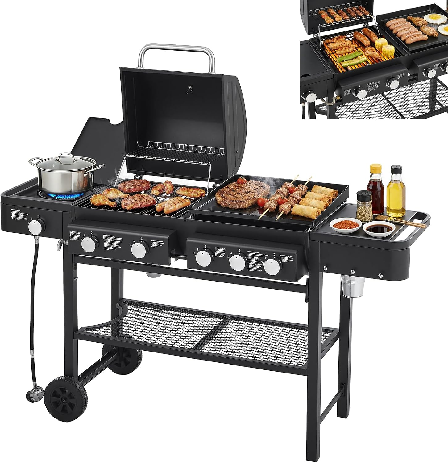 5 Burners Propane Gas Grill and Griddle Combo with Side Burner, 3 in 1 Griddle Grill and Porcelain-Enameled Cast Iron Grates, 56,000 BTU Outdoor Cooking Barbecue Grill, Black