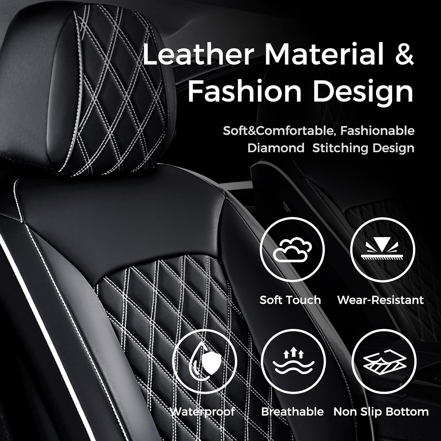 Huidasource Universal Car Seat Cover, Nappa Leather Car Seat Cover Set, Velcro Adjustable, Compatible with Airbags, Armrests, Child Seat, fit for Most Cars, Vans, Trucks, SUVs (Full Set/Black&White)