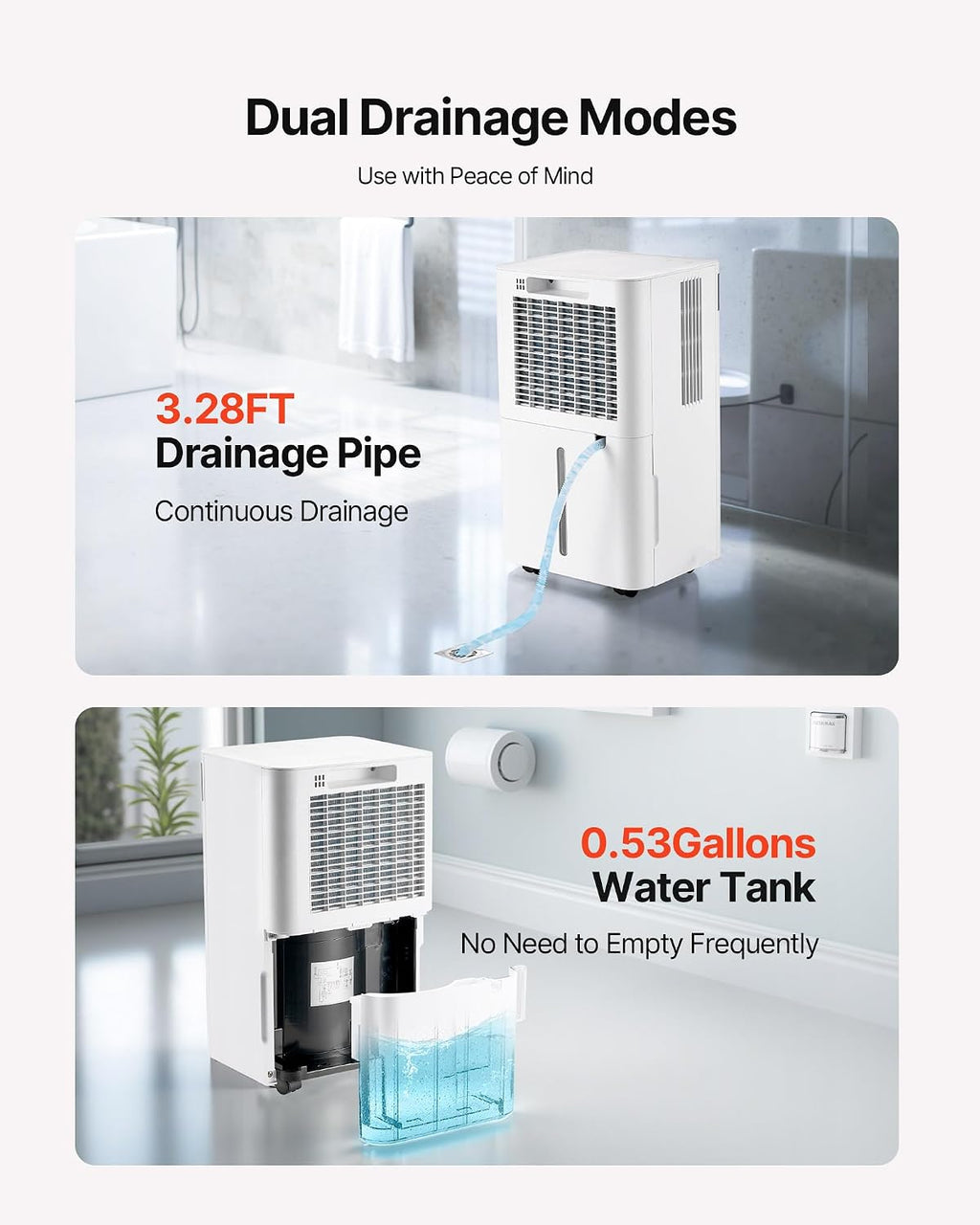 VEVOR 35 Pints Dehumidifier for Home & Basement, 2500 Sq.Ft Coverage, Drain Hose for Commercial & Industrial Use, Smart Humidity Control, Low Noise for Large Rooms, Warehouses, Bedrooms & Storage