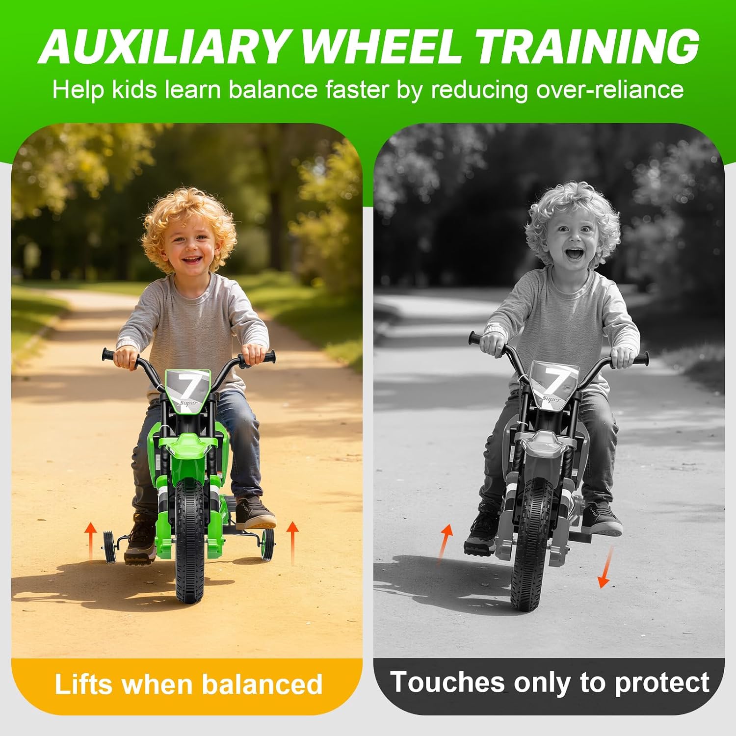 12V Kids Motorcycle w/Treaded Tires, 3.1mph Top Speed Electric Bike for Kids, Training Wheels, Music & Bluetooth, Spring Suspension, Age 3-8 Year Old, Green