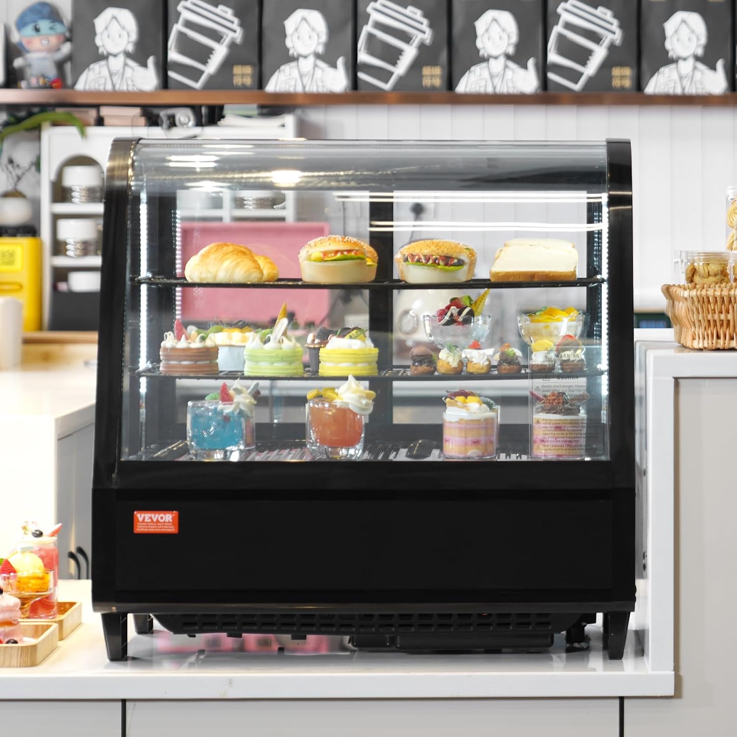 VEVOR 3.5 Cu.Ft Countertop Pastry Case ETL NSF DOE Certified Commercial Display Refrigerator with LED Lighting, Turbo, Frost-Free Air-Cooling, Rear Sliding Door, Curved, Black